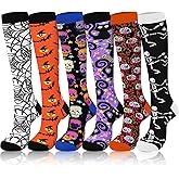 Shyyween 6 Pairs Halloween Compression Calf Socks for Women Men Knee High Socks Festival Halloween Running Nurses Travel