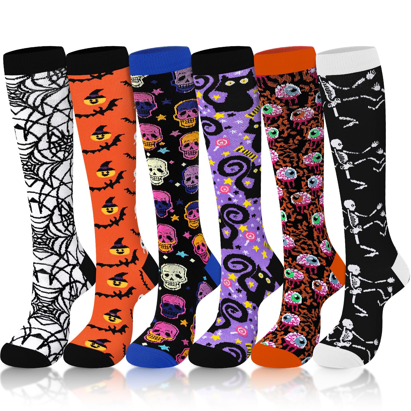 Photo 1 of Shyyween 6 Pairs Halloween Compression Calf Socks for Women Men Knee High Socks Festival Halloween Running Nurses Travel(Classic)