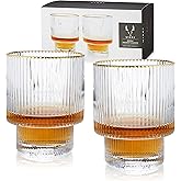 Viski Meridian Lowball Glasses Set of 2 - Premium Crystal Clear Vintage Drinking Tumblers for Whiskey, Scotch & Bourbon in Art Deco Ripple Glassware Design, Gold Rimmed Glassware Gift Set, 12 oz