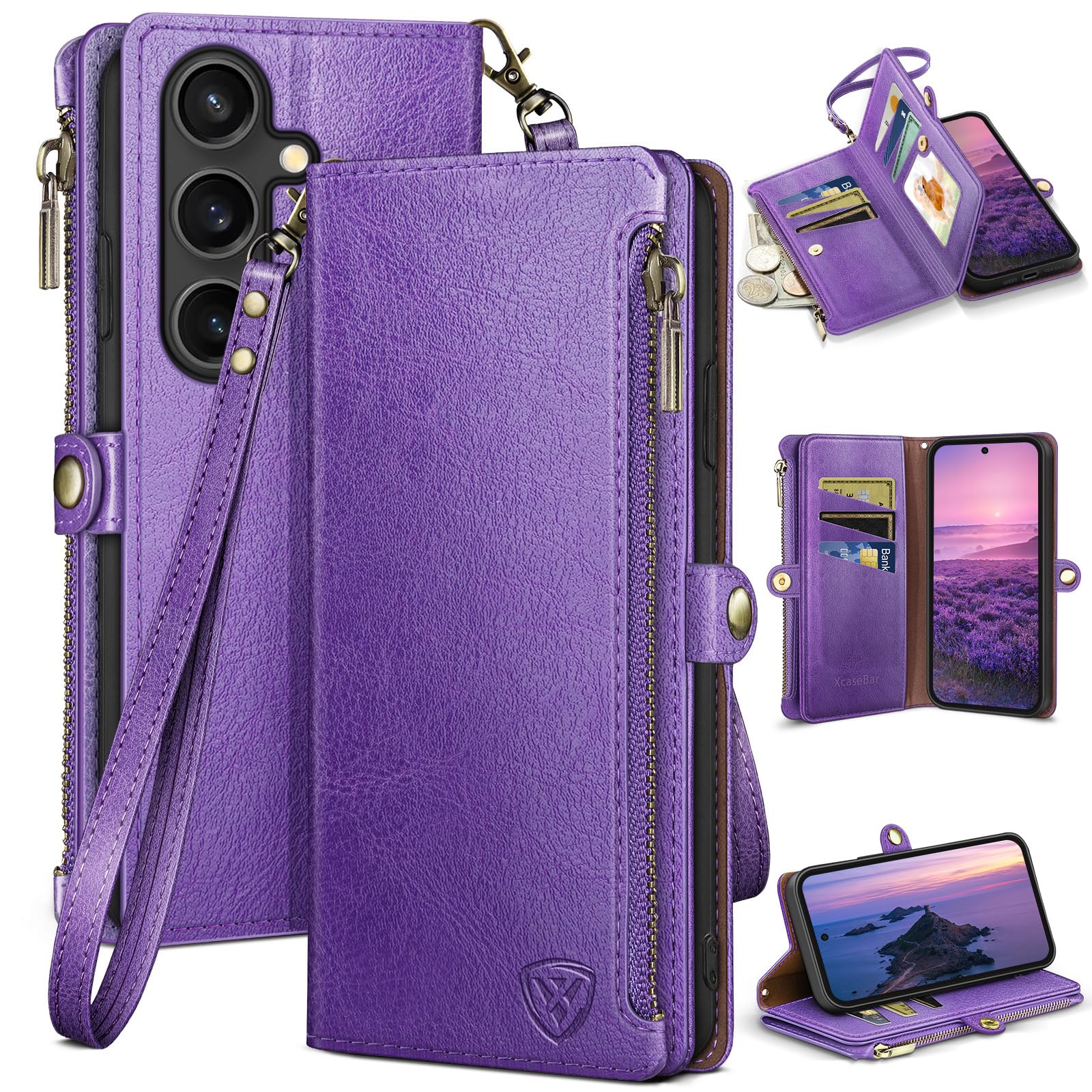 XcaseBar Compatible with ‌Samsung Galaxy S25 FE Wallet case with Zipper Credit Card Holder【RFID Blocking】,Flip Folio Book PU Phone case Shockproof Cover Women Men for Samsung S25 FE case Purple