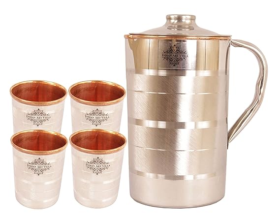 IndianArtVilla Steel Copper Jug Pitcher & 4 Glass Tumbler Set, Storage & Serving Water Drinkware Set Yoga Ayurveda Healing, Set of 5