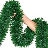 50Ft Green Christmas Garland Decorations,Xams Greenery Tinsel Stems Non-Lit Soft Twist Garland Decor for Tree Stairs Railing Front Door Mantle Fireplace Indoor Outdoor Holiday Home