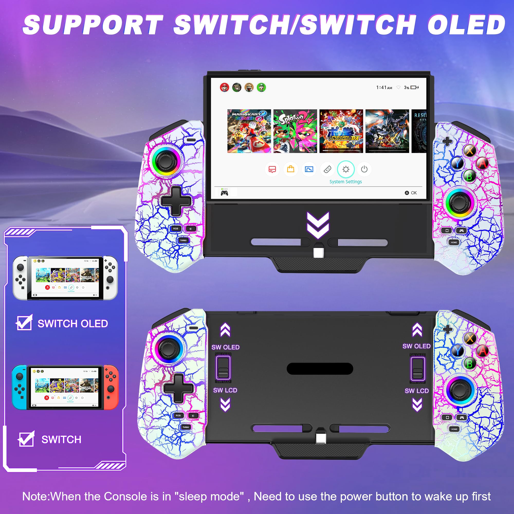 CYOYPPY Switch Controller Compatible with Nintendo Switch/OLED - USB-C Plug & Play Switch Pro Controller Handheld Mode, One-Piece Joypad Controller with Hall Joystick/RGB/4 Game Slot/Dual Motor