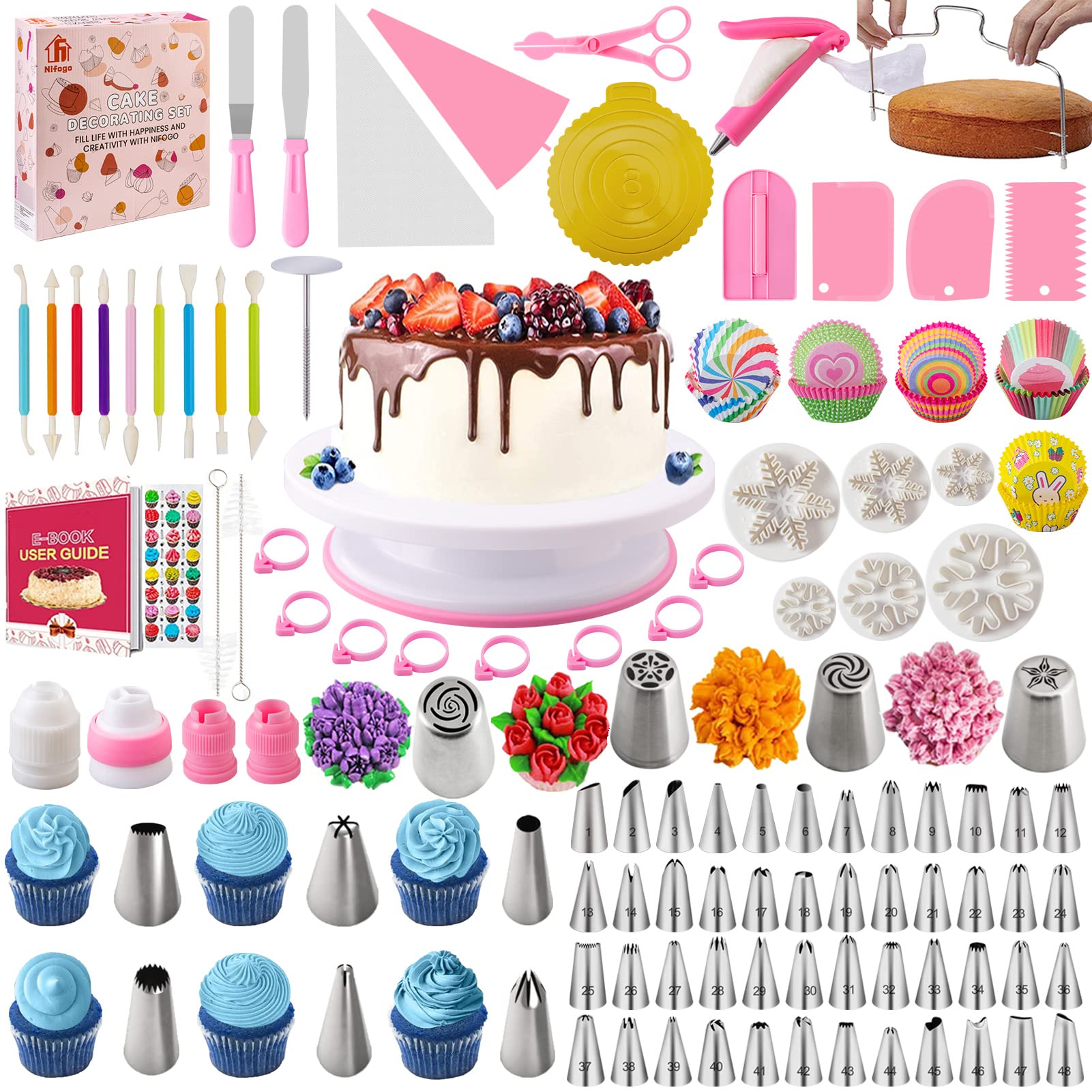Nifpogo Cake Decorating Kit 301pcs with Piping Nozzles Icing Tips, Bags, Reusable Pastry Bags, Flower Nail, Scrapers, Cake Turntable, Cupcake