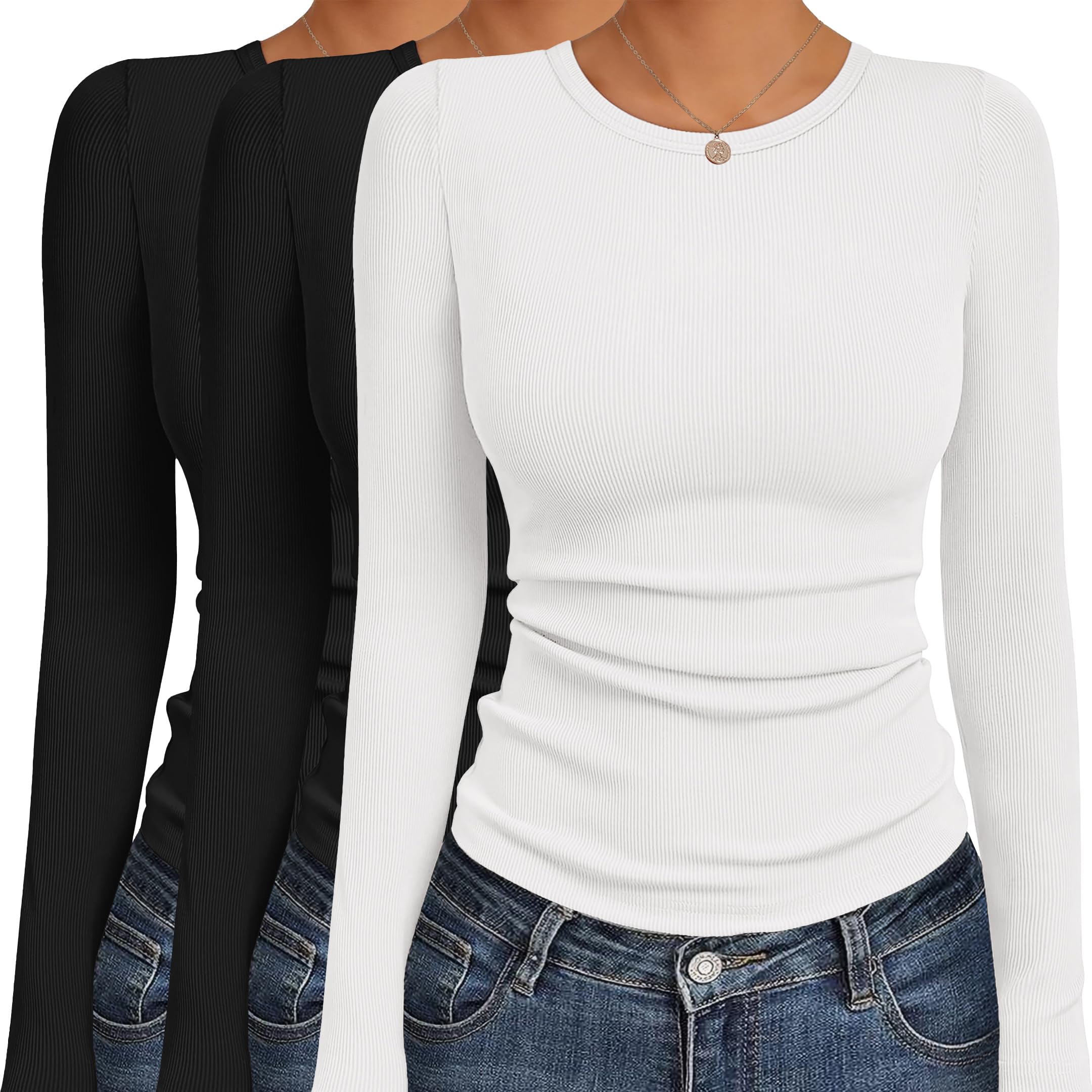 Ekouaer Women's Long Sleeve Shirts 3 Packs Crew Neck Stretchy Fitted Tops Ribbed Base Layer Soft Thermal Undershirts Tee Black/Black/White (3pcs) S Image