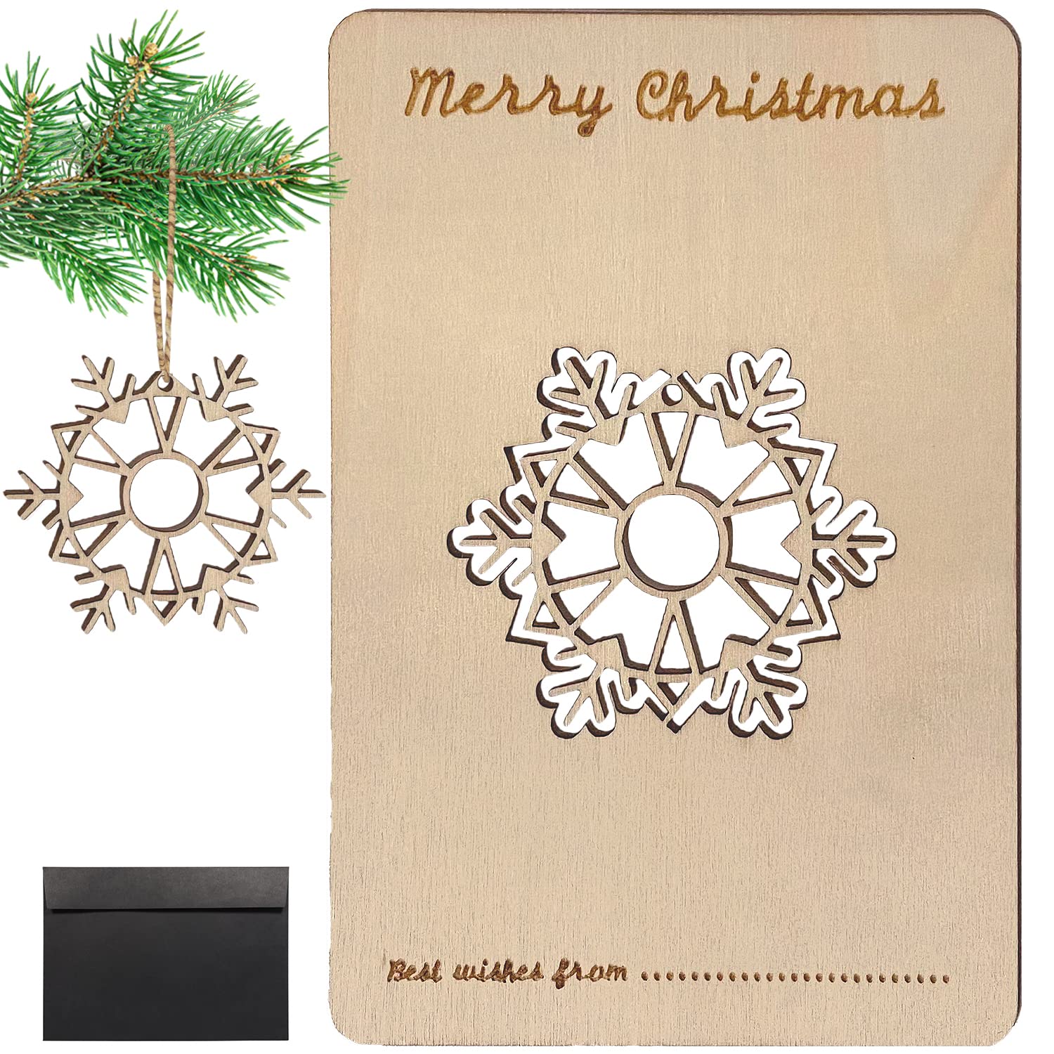 Lukata Premium Wooden Card with Pop-Out Snowflake & Envelope, Merry Christmas Card For Friends & Family, Hanging tree decorations, Linen Thread