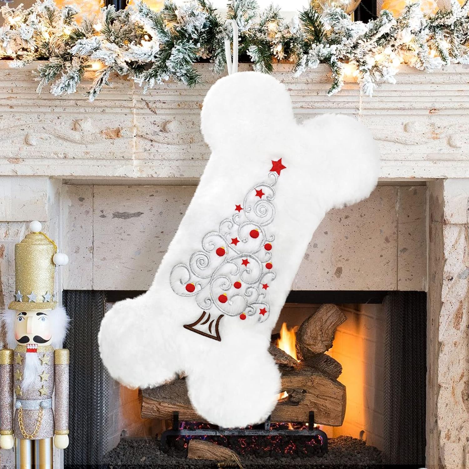 Stockings & Holders - Yoochee Pet Dog Christmas Stocking, Snowy White Plush Large Bone Shape Dog Christmas Stockings Printed with Exquisite Christmas Tree Embroidery, Hanging Christmas Holiday Fireplace Party Xmas Decor