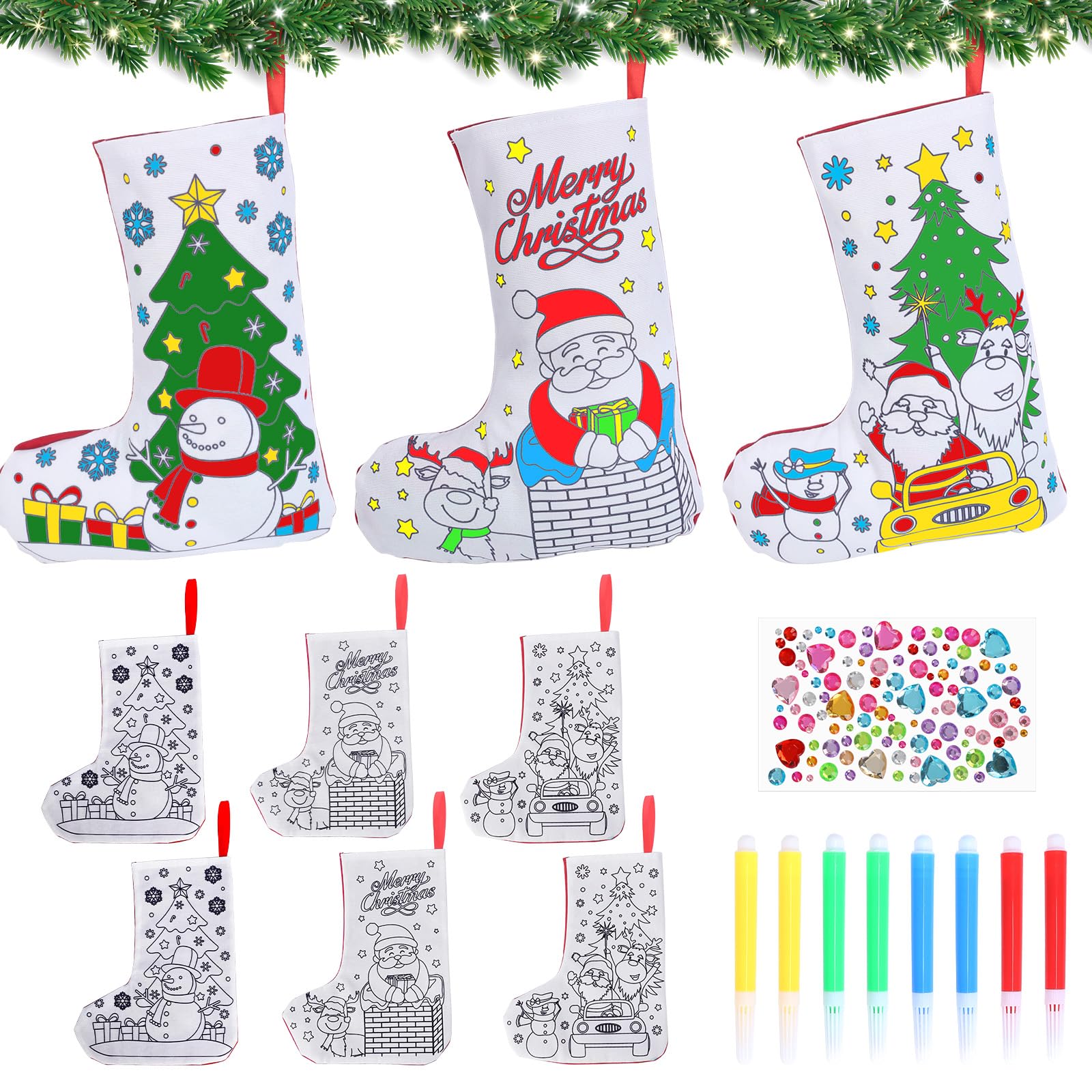 HONMOK Christmas Crafts for Kids, 6 Pack Christmas Stockings with Colour Pen, Santa Snowman Stockings, Christmas Tree Ornaments, Make Your Own Xmas Craft, Xmas Hanging Decorations for Home Mantle