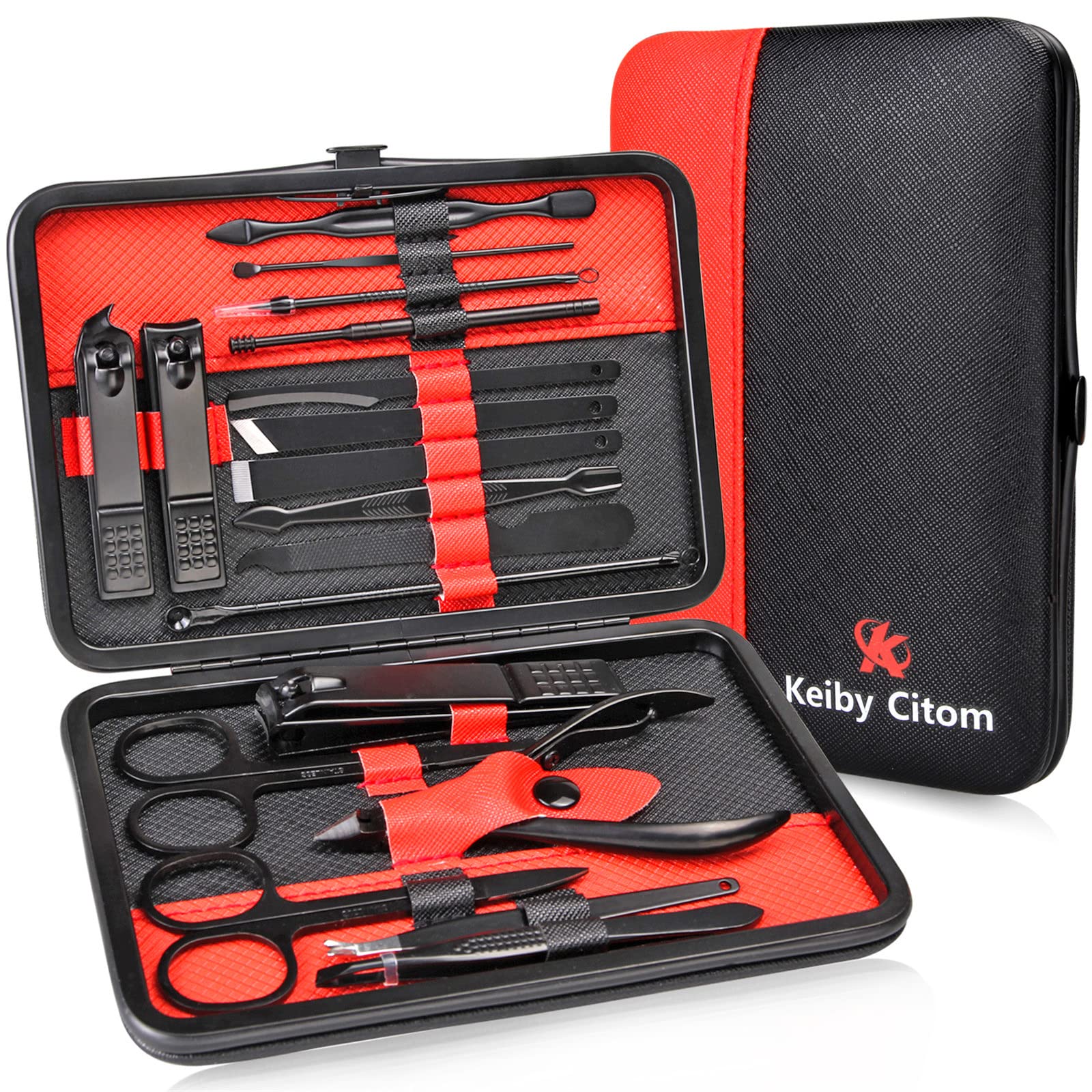 Keiby Citom Manicure Set 18pcs Professional Nail Clippers Kit Pedicure Care Tools-Stainless Steel Grooming Tools With Rose Gold PU Leather Case for Travel & Home (Black/Red)