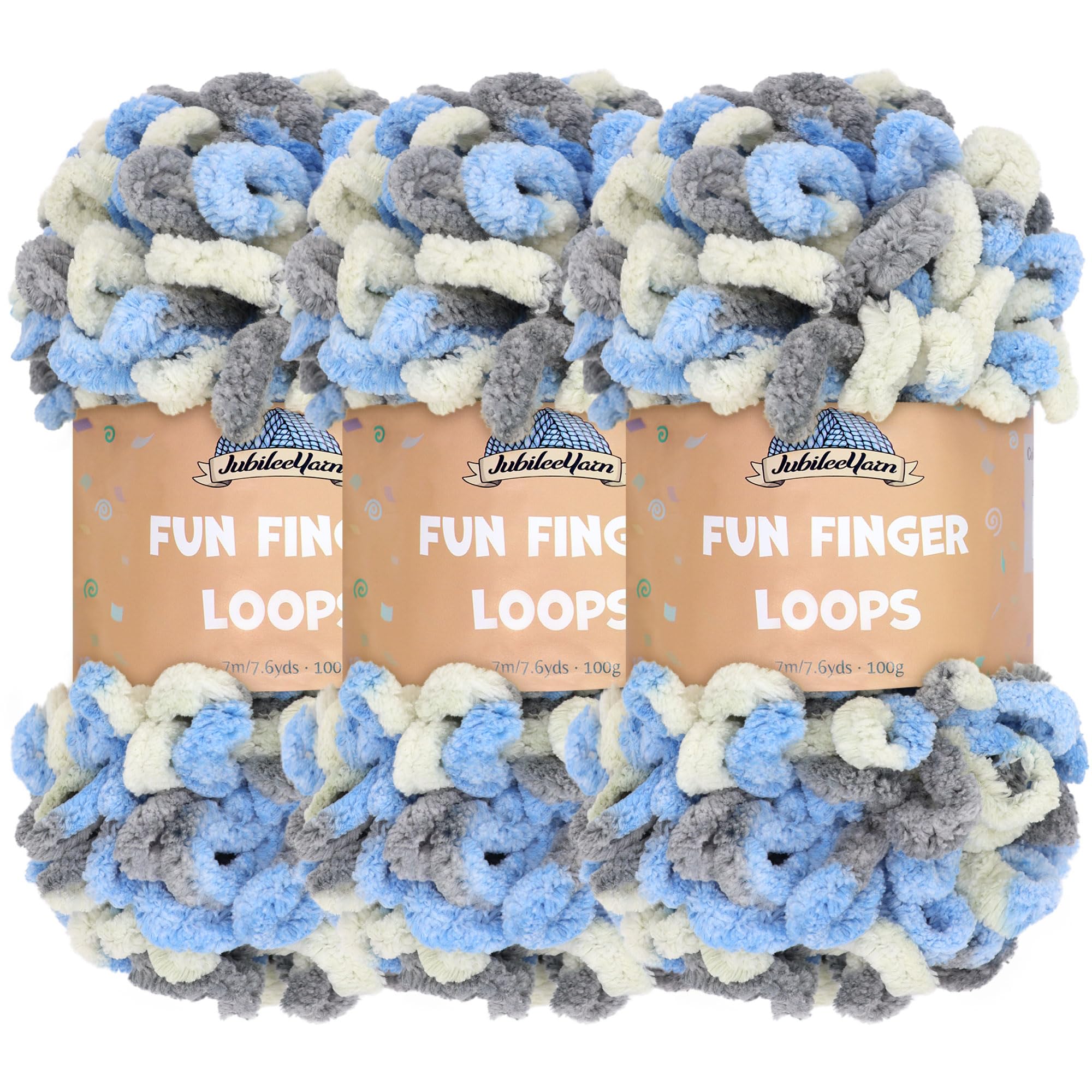 JubileeYarn Fun Finger Loops Yarn - Polyester Jumbo Weight Loop Yarn - 100g/Skein - Multicolour Grey Light Blue - 3 Skeins — image 1