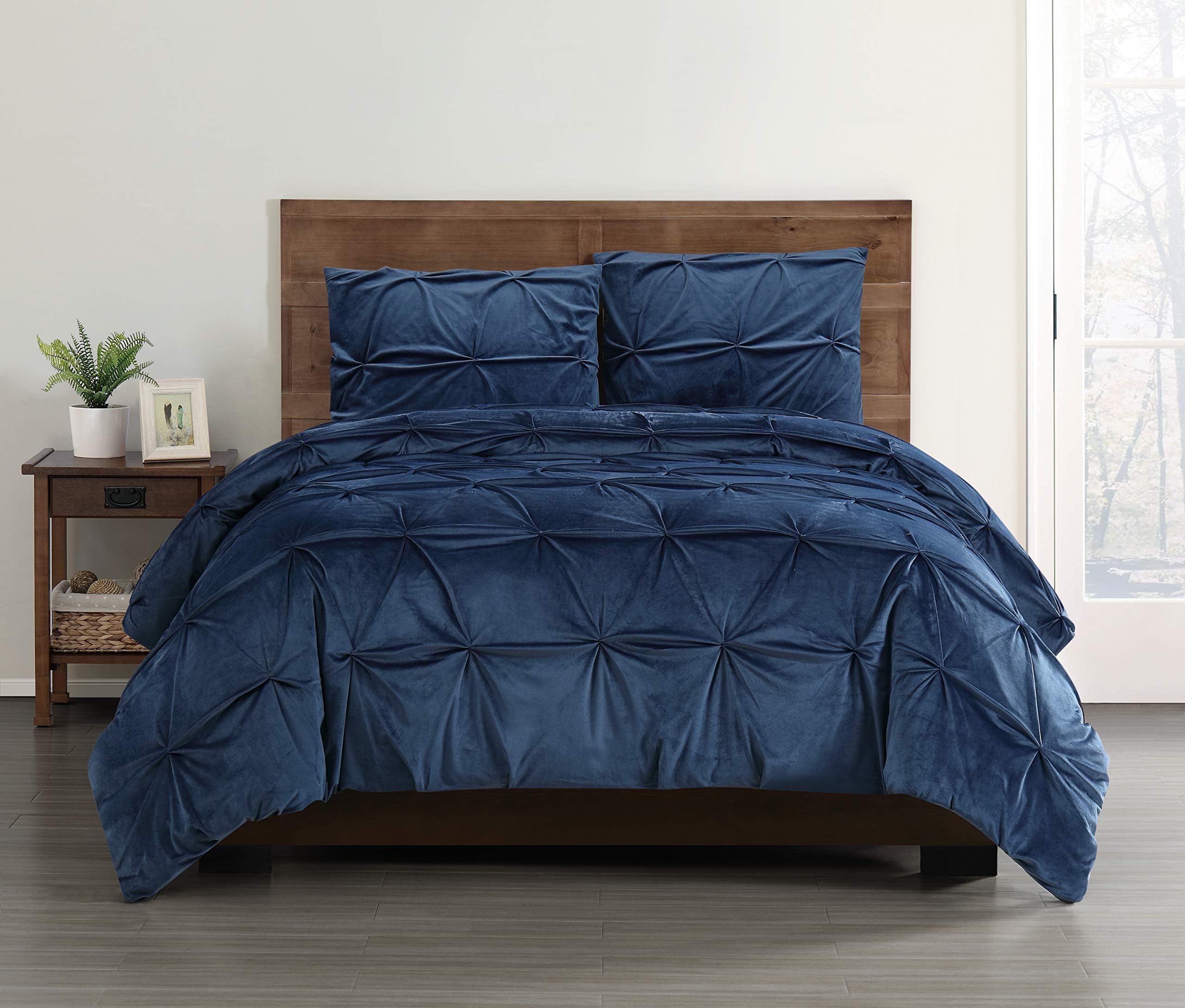 Truly Soft Everyday Pinch Pleat Velvet Duvet Cover Set, Full/Queen, Navy