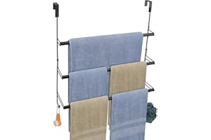 Livabber 3-Tier Over The Door Towel Rack, All Metal Towel Rack with Hooks for Door Hanging, Behind Door Towel Bar Towel Storage Holder for Bathroom Accessories, 22.83" L x 5.9" Wx 24.4" H (Black)