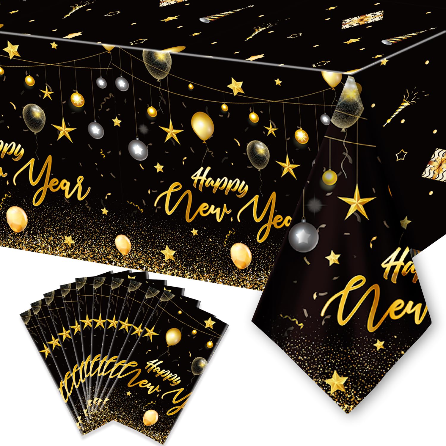Photo 1 of 10PCS Happy New Year Tablecloth, Disposable Black Gold NYE Party Tablecloth Decorations, Rectangular Plastic Table Cover NYE Theme Party Supplies for Decorations, 108 x 54”
