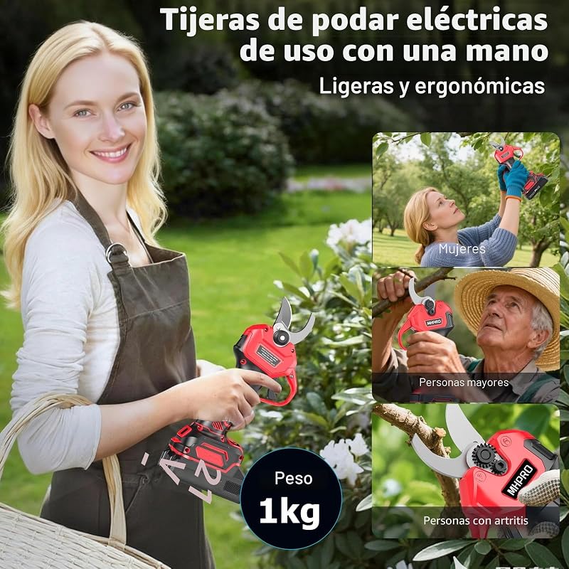 Tesouras de poda elétrica sem escovas, tesouras MHPRO 21V com 2 pilhas de 2000mAh, ecrã LCD, tesouras de poda a bateria para jardinagem, árvores de fruto, vinhas e quinta, vermelho