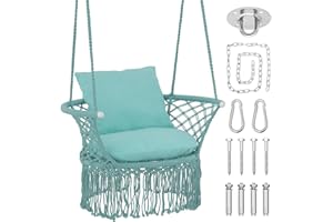 Athena Collection Hammock Swing Chair with Cushion, Outdoor Macrame Chair with Mounting Hardware, Max 350 Lbs, Large Cotton Rope Hanging Chair for Outdoor Indoor Porch Garden, Green