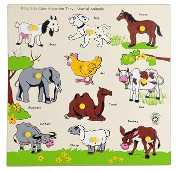 Skillofun Wooden Kingsize Identification Tray Useful Animals with Knobs, Multi Color