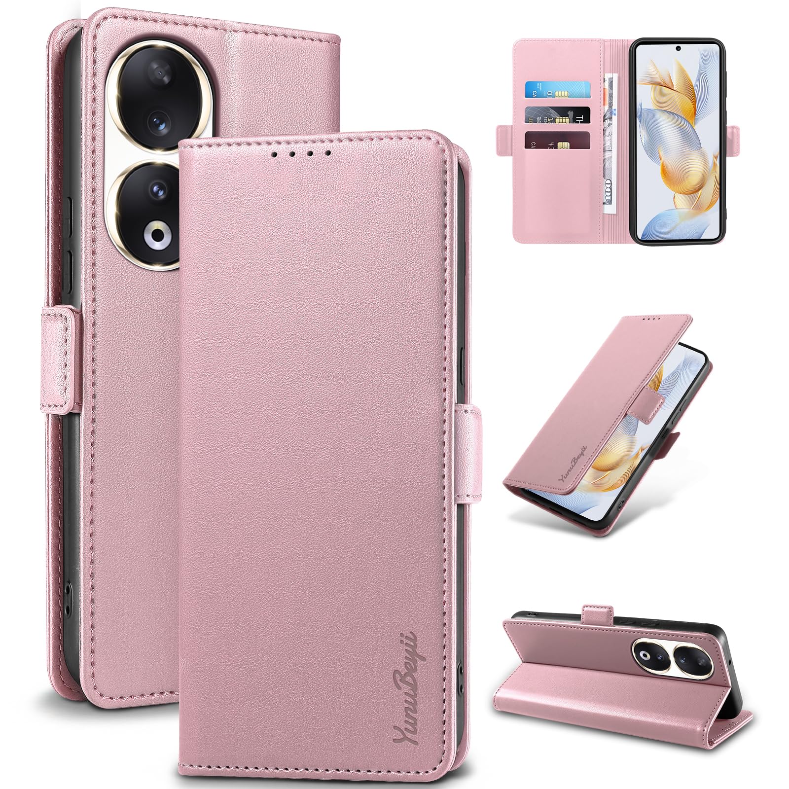 Yunubeyii Wallet Flip Case for Honor 90 5G - [RFID Blocking] Luxury PU Leather Card Holder Magnetic Phone Cover with Kickstand,Shockproof Protective Case,Pink