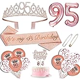 Hysilla 95th Birthday Party Decorations for Women Including Sash Women, Crown, Cake Topper, Balloons, Pin and Candle Set, Rose Gold