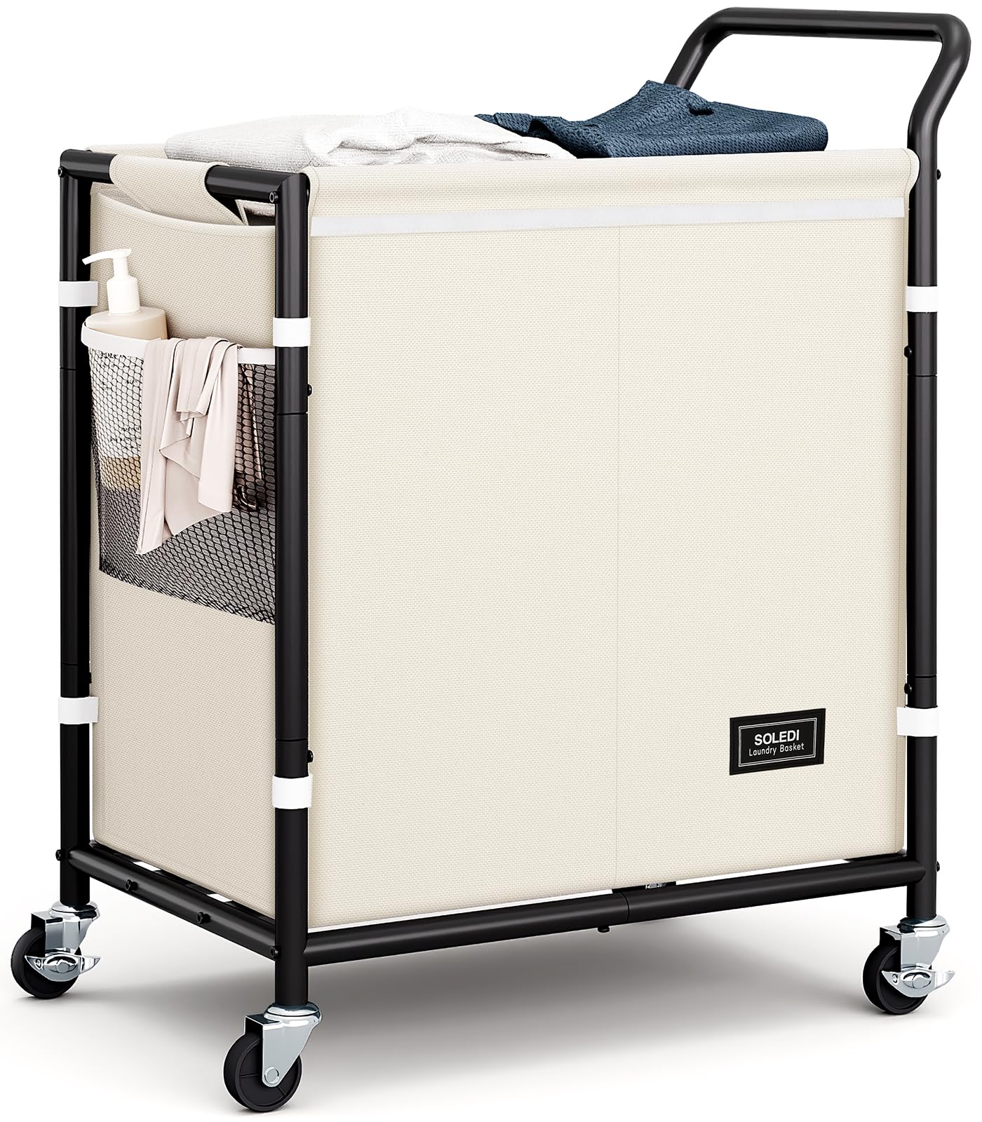 Photo 1 of SOLEDI Laundry Basket with Wheels,38 Gallons(145L) Laundry Hamper 2 Section,Sturdy Metal Frame with Handle,Laundry Cart,Rolling Laundry Basket for Bedroom Aesthetic,Easy to Assemble,Ivory
