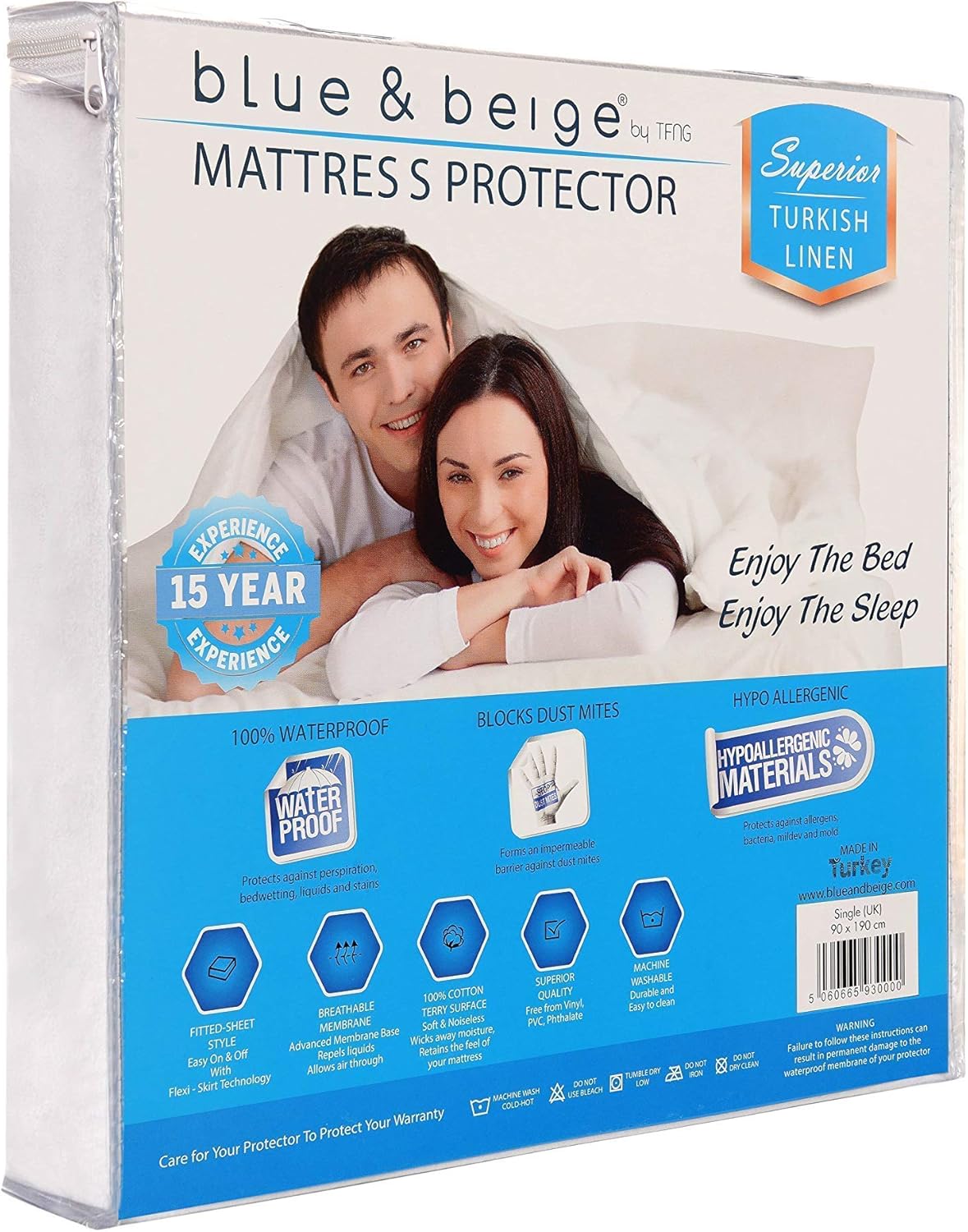 Blue & Beige by tfng Waterproof Mattress Protector (Single UK (90X190cm
