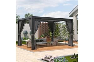 LVUYOYO Outdoor Louvered Pergola 10' x 13', Aluminum Pergola with Adjustable Roof, Waterproof Metal Gazebo with Curtains and Netting for Patio, Backyard, Garden, Deck (Black)