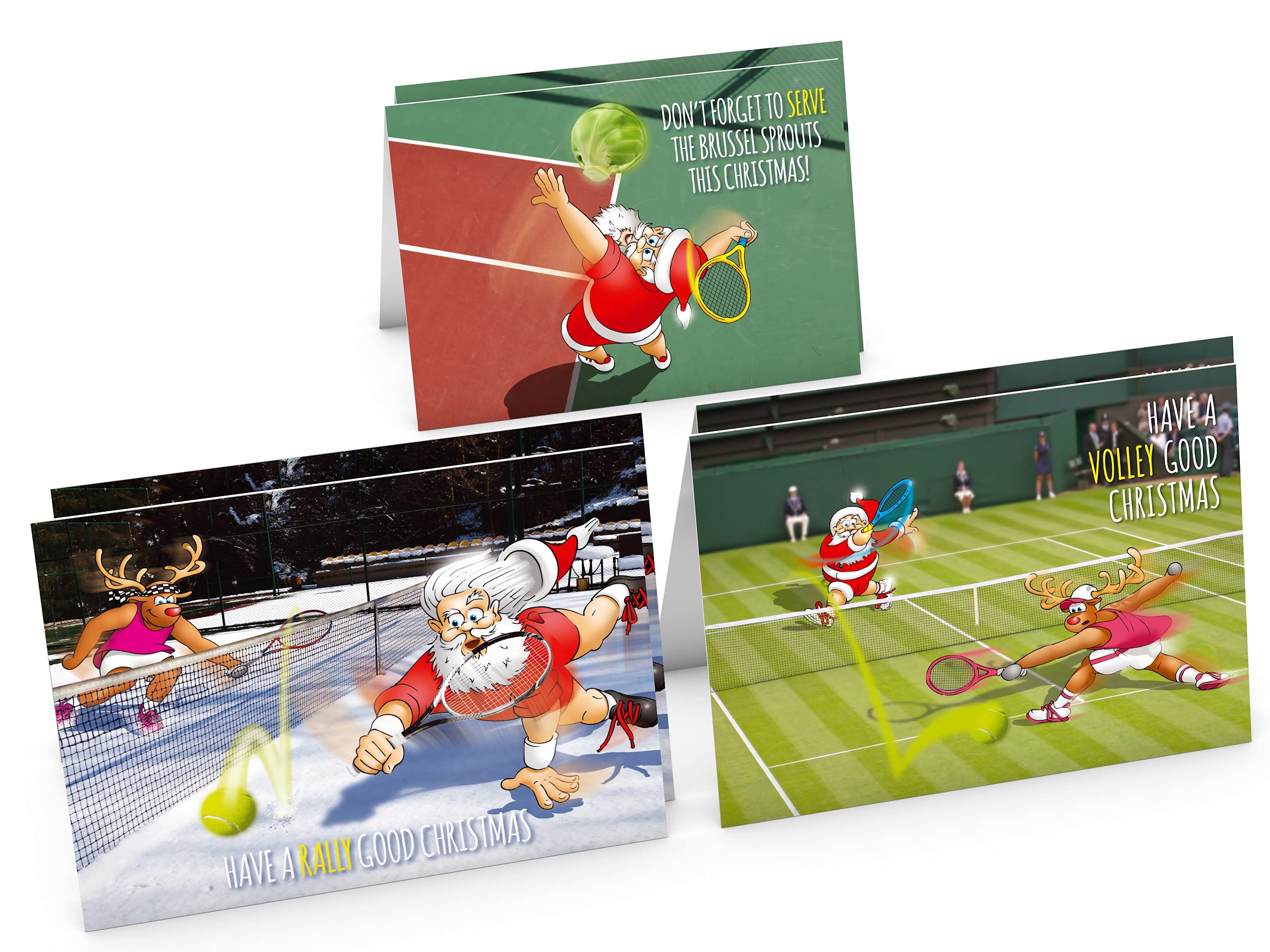 STREET SANTA - Tennis Christmas Cards - Pack of 6 Cards - 2 of Each Design, Funny Sports Cards, Hand-Drawn UK Illustrations, Large A5-Sized (210mm x 148mm), Gloss Finish, Blank Inside