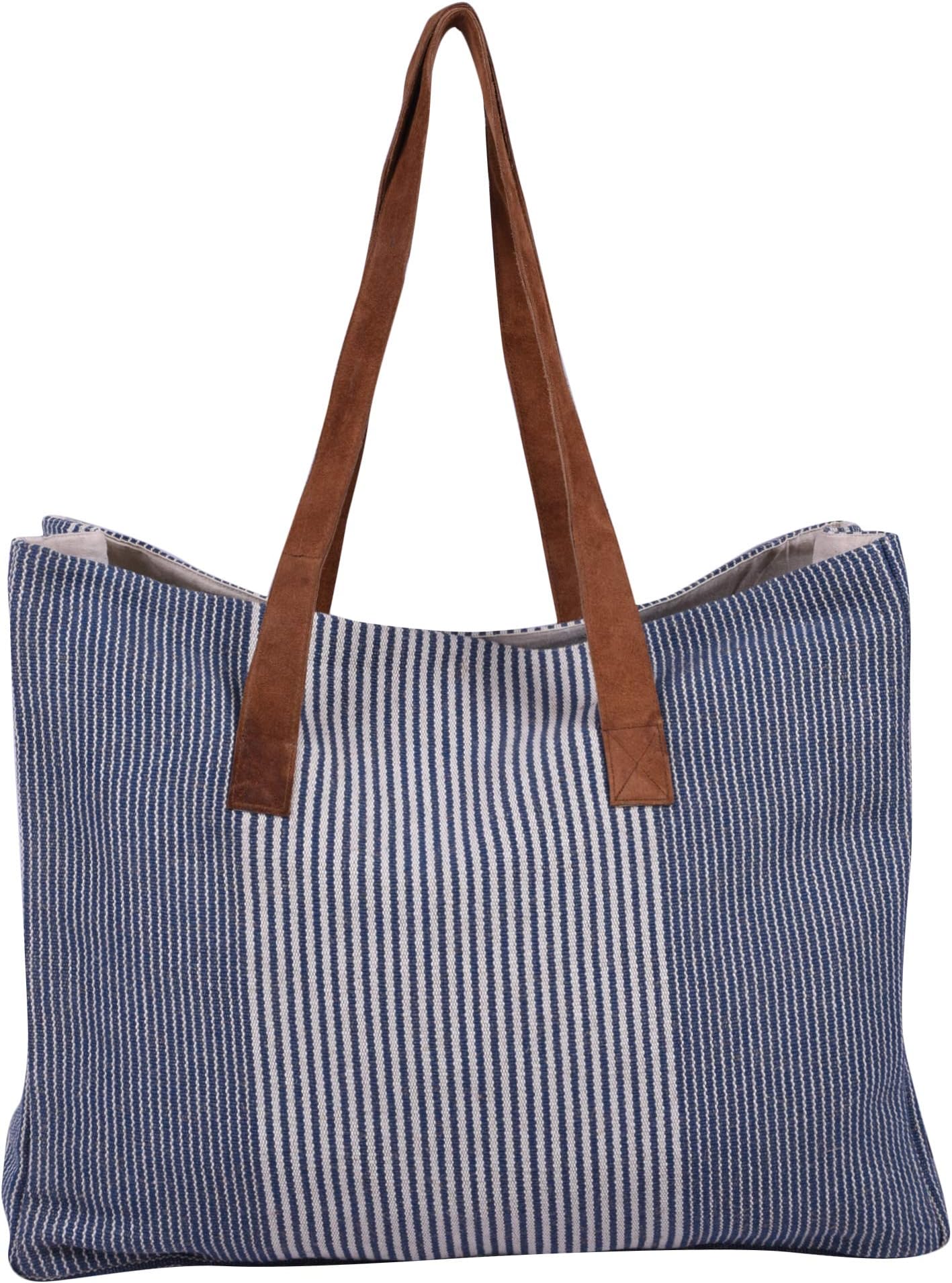 SNH HOMES Women's Washable, Eco Friendly Cotton Jute Blue and White Striped Tote Shoulder Bag