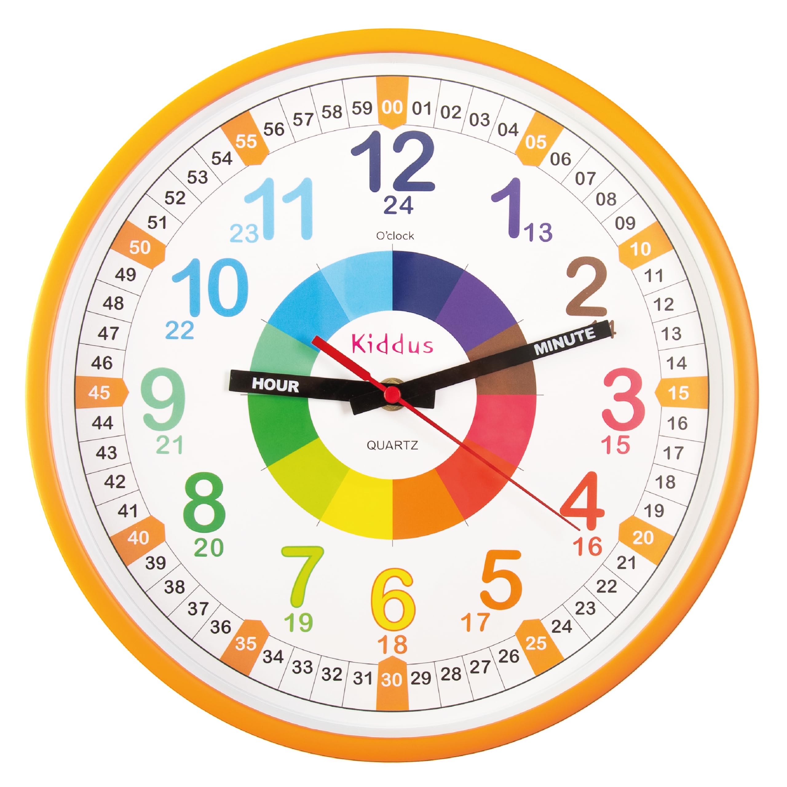 Kiddus Wall Clock for Boys and Girls. Silent Analogue Time Teacher with Exercises. Easy to Read and Learn the Time. 30cm diameter XL Light Orange