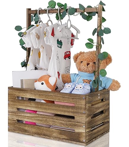 Juexica Wooden Baby Shower Crate Closet, Sunflower Theme Baby Basket With Handle And Garland Letter, Storage Crate Hamper, DIY Basket For Pregnancy New Parent(White