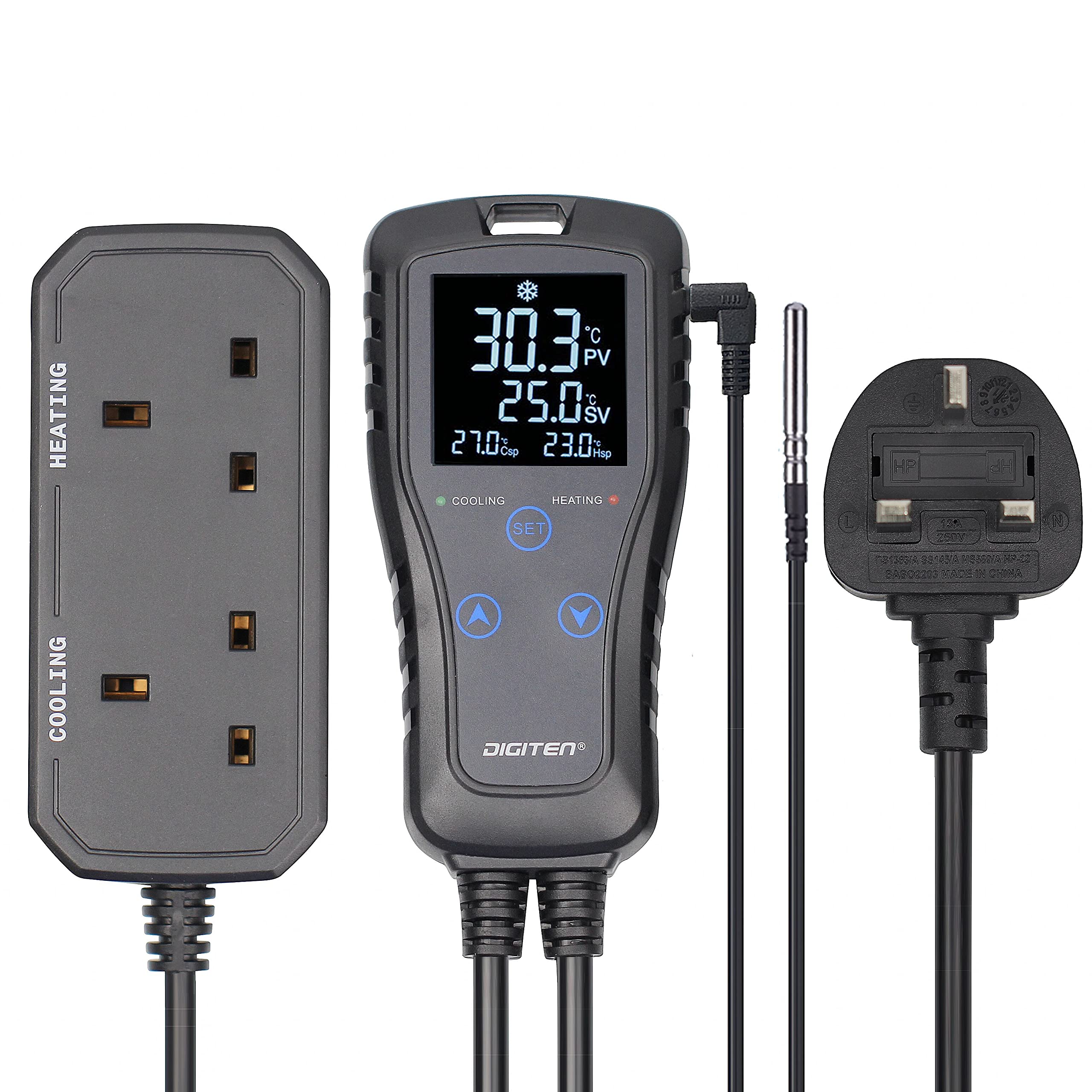 DIGITEN Digital Temperature Controller Pre-Wired 2-Stage Outlet Thermostat Heating & Cooling Mode for Fermentation, Seed Germination, Reptiles and Brewing Breeding Incubation Greenhouse