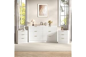 BAZELOR 3-Piece Modern Bedroom Furniture Set, Wide 6-Drawer Dresser & 3-Drawer Nightstands Set of 2, Natural Wood Dresser and