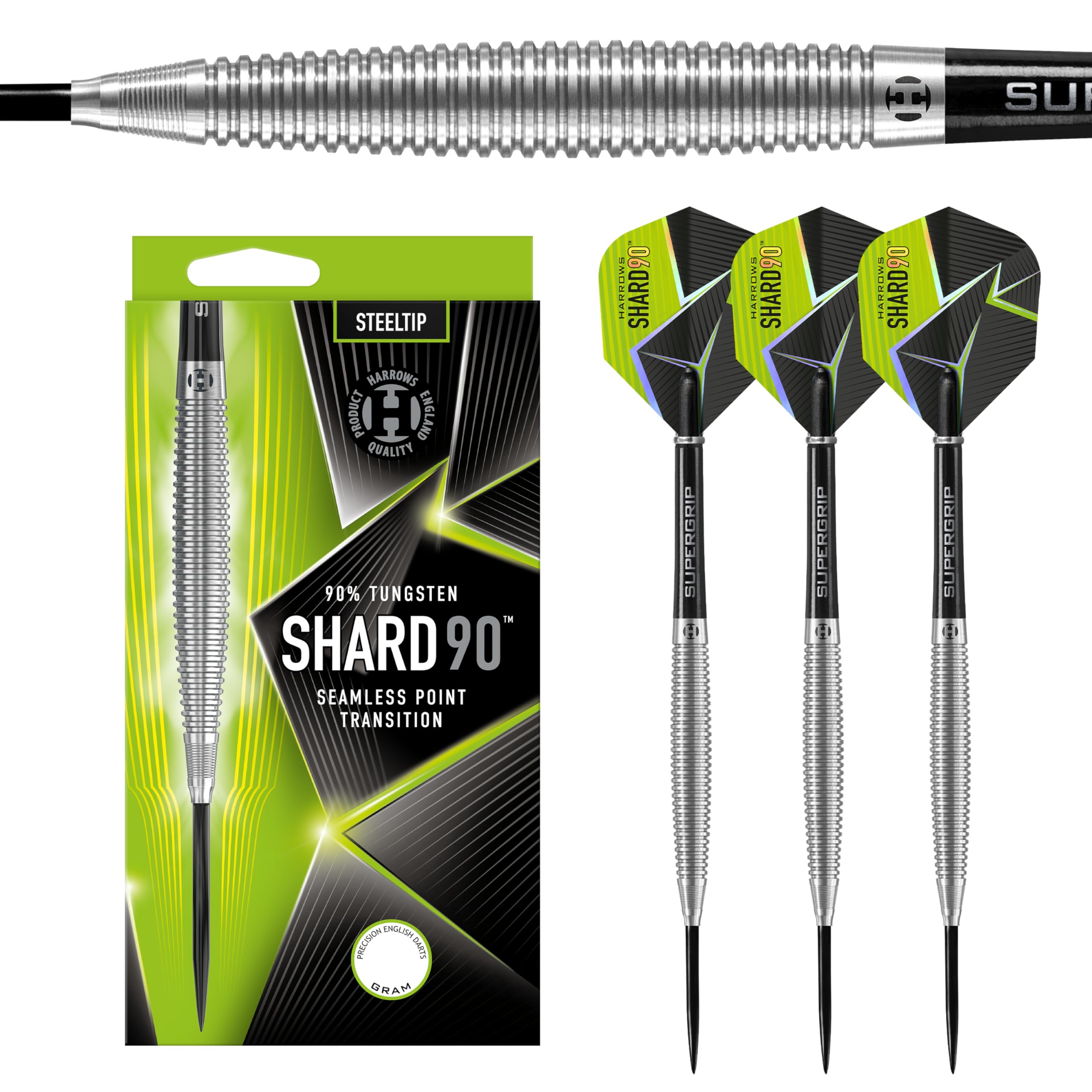 Harrows Shard 90% Tungsten Steel Tip Darts Set 21g, 23g & 24g - Includes Black Supergrip midi shafts & new 100 micron Shard flights
