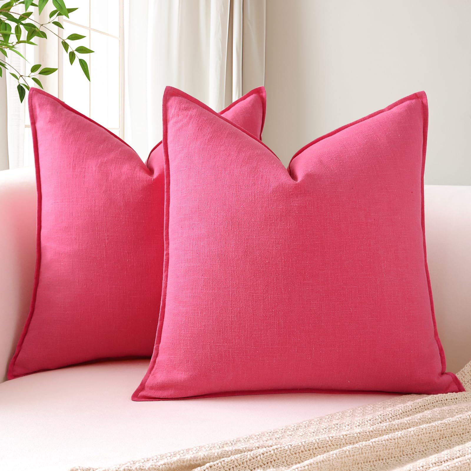 Sungeek Set of 2 Soft Linen Decorative Cushion Covers 60cm x 60cm Solid Farmhouse Throw Pillow Covers Boho Accent Cushion Cases for Sofa Couch Chair Bedroom Home Decor Pillowcases, Hot Pink