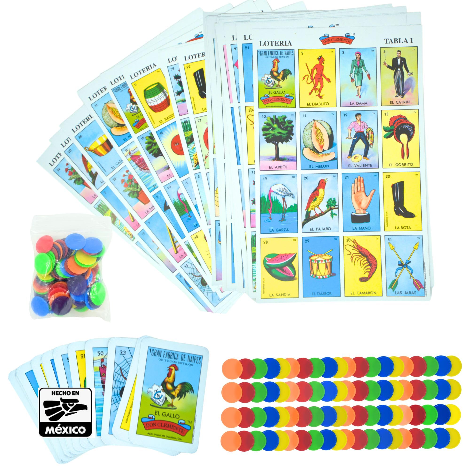 Photo 1 of New To Town Premium Lotería Mexican Bingo Game Set - Complete with 100 Bingo Chips for 10 Players - Authentic Lotería de Lujo Mexicana - Colorful Loteria Cards (10 Players + 100 Chips)