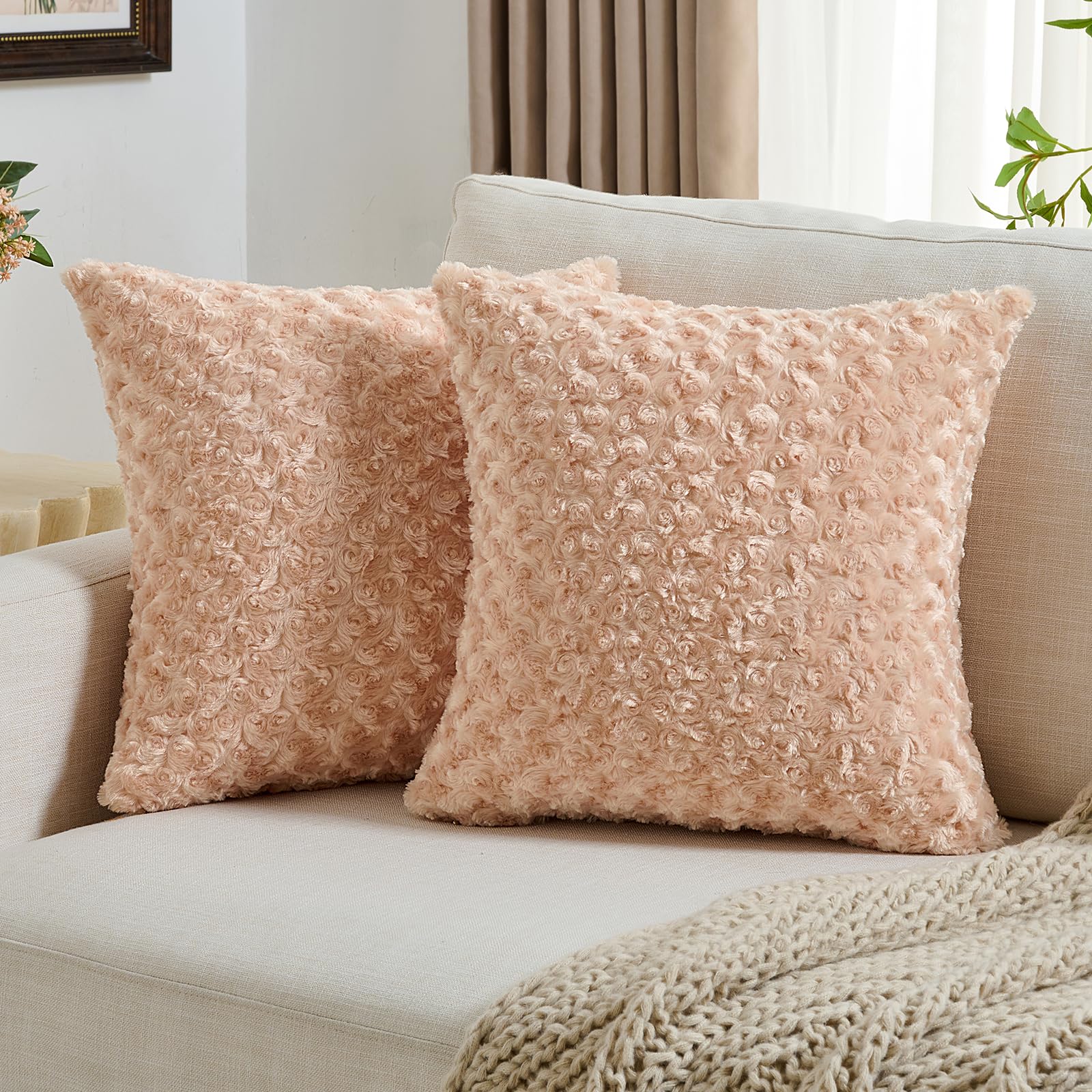 Photo 1 of FUTEI Apricot Rose Decorative Throw Pillow Covers 18x18 Inch Set of 2, Square Soft Cozy Faux Fur Textured Couch Pillow Case, Modern Home Decor for Sofa Bed Living Room