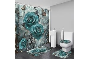 Yizheer 4 Pcs Teal Rose Rain Butterfly Bathroom Shower Curtain Set,Bathroom Sets with Rugs(Bath Mat,U Shape and Toilet Lid Cover Mat) and 12 Hooks