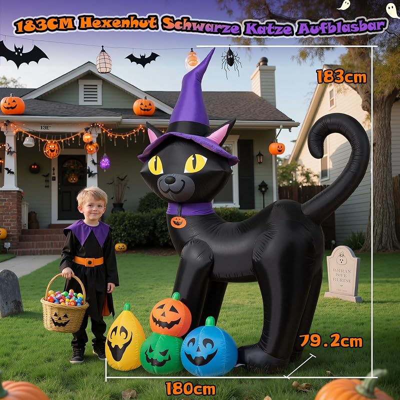 180CM Black Katze Halloween Aufblasbare Dekoration – Aufblasbare Zaubererkatze Gartendeko mit integrierten LED Leuchten – Blow Up Halloween Decoration Outdoor für Rasen Garten Party — Foto 3 von 8