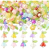 COGCHARGER 100Pcs Flower Charms for Jewelry Making Bulk Small Cute Glass Acrylic Pearl Charms 10 Colors Floral Pendants with Leaf Beads for Necklace Bracelet Earrings Keychain DIY Supplies