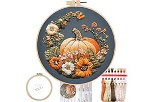 FONNUY Pumpkin Embroidery Kit for Beginners, Pre-Stamped Pattern Kits for Adults with Hoop, Easy to Follow Color Thread Needlework, 8'' Hoop (Yellow)