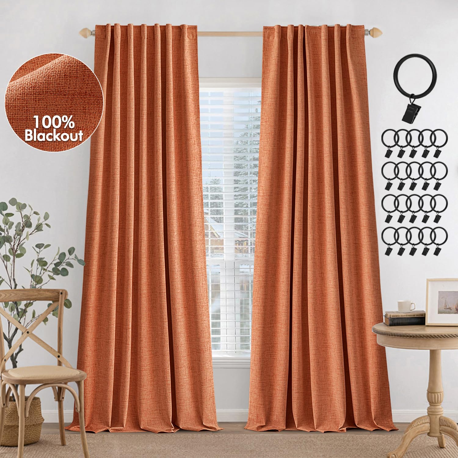 MIULEE 100% Blackout Curtains 96 inches Long, Linen Curtains for Bedroom Black Out Window Treatments Thermal Insulated Room Darkening Drapes Back Tab Rod Pocket, Burnt Orange Fall Decor 2 Panels