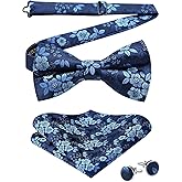 HISDERN Bow Ties for Men Pre-Tied Bow Tie Floral Paisley Handkerchief Classic Formal Bowtie and Pocket Square Cufflinks Set