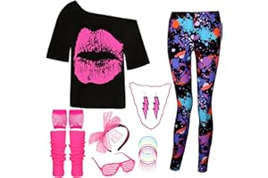 DANGCOS 80s Outfit Costumes Accessories for Women Off The Shoulder Tops Shirts Neon Leggings with Leg Warmers