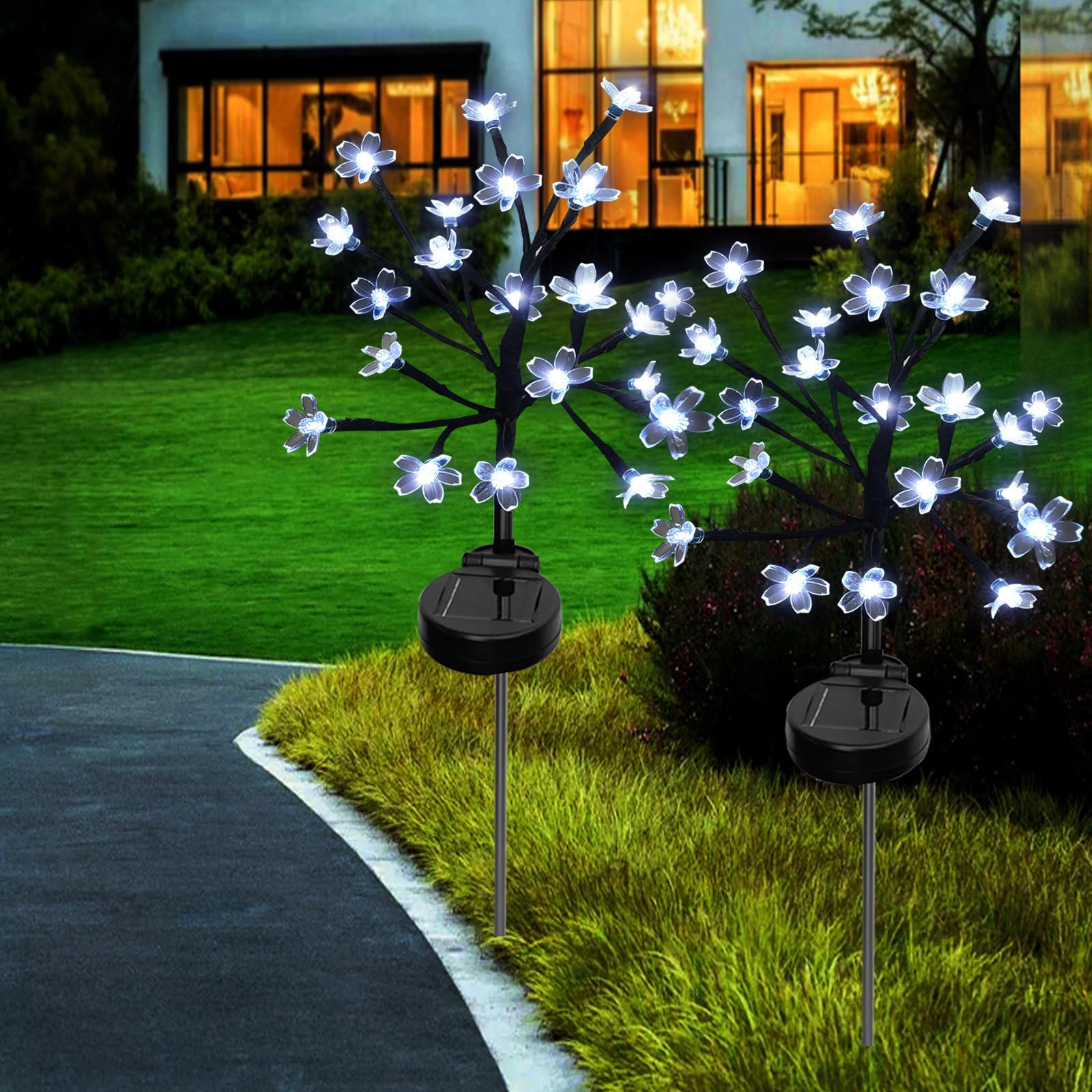 Solar Lights for Outdoor Garden, 2 Pack 16 LED Solar Branches Outdoor, Solar Light Garden Lights with Cherry Blossoms for Patio, Balcony Decoration - White Light