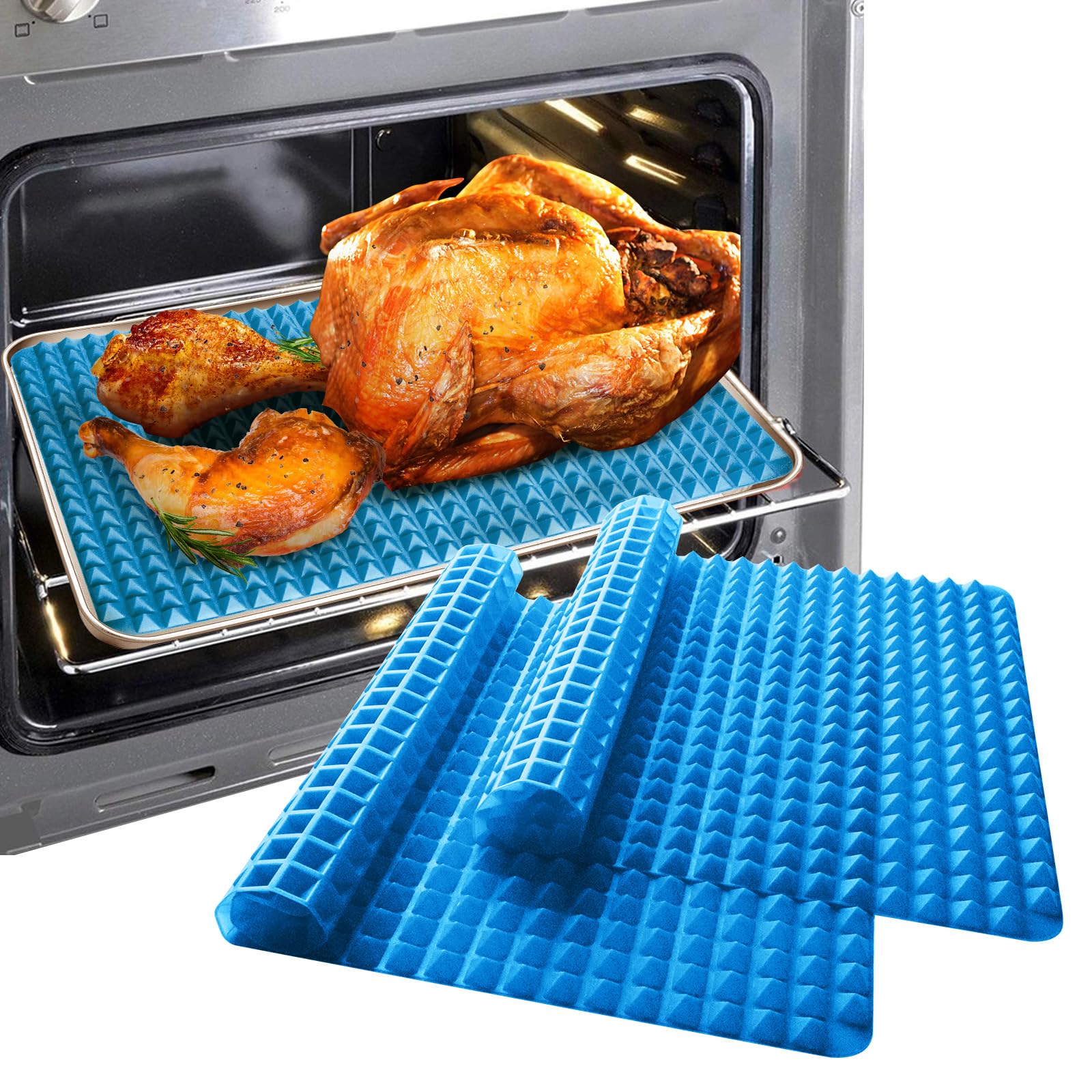 Silicone Pyramid Baking Sheet Diamond Chef Mat Mats Oven Non-Stick Pastry Large Value 2 Pack, Reducing Healthy Cooking Sheets Heat-Resistant for Grilling BBQ 15.1 X 10.6Inch Red Blue (2 PCS, Blue)