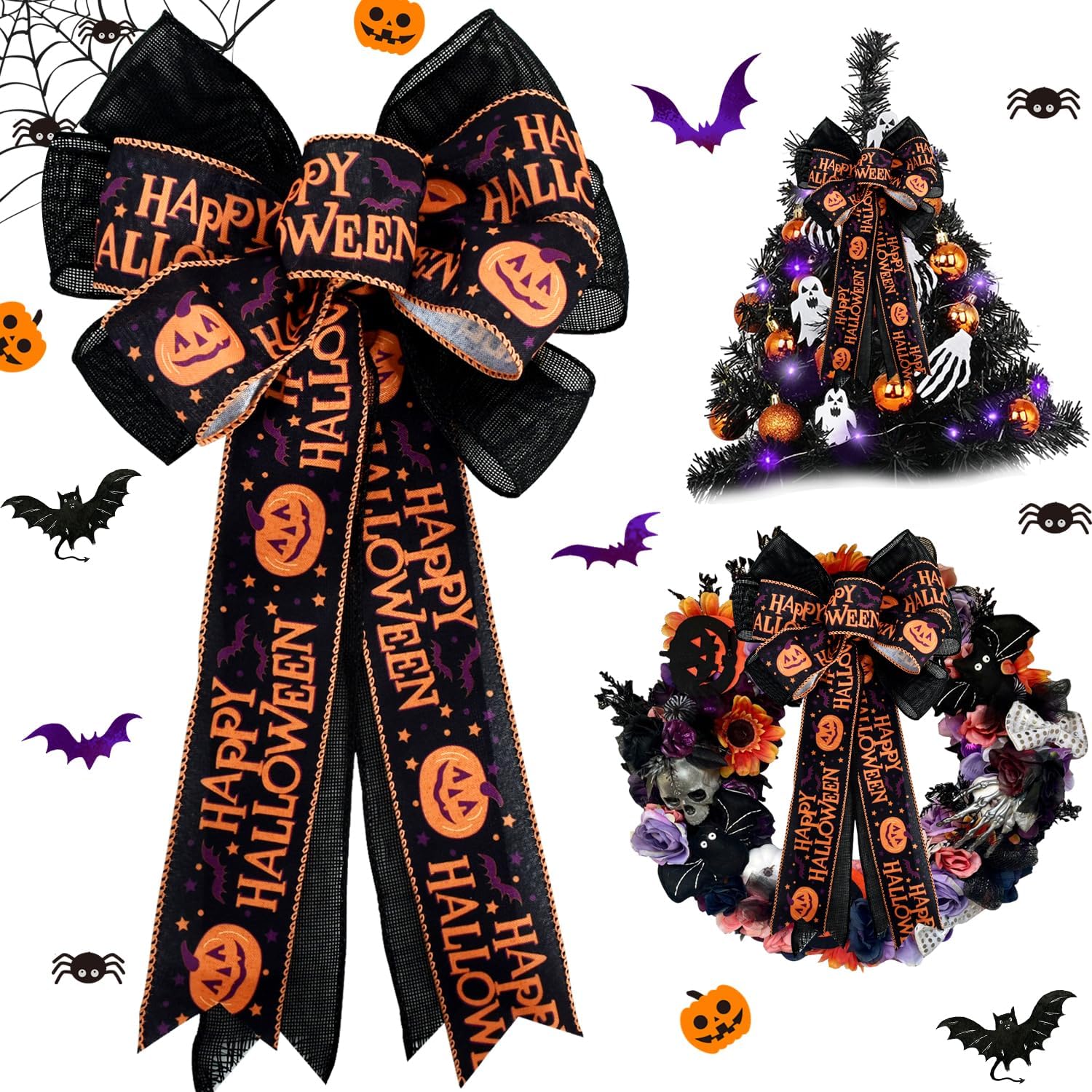 Bows & Ribbons - TONIFUL Large Halloween Bows for Wreaths Pumpkin Bat Stars Black Orange Burlap Bows Fall Bows for Halloween Tree Topper Wreath Decor Halloween Ornaments Front Door Party Indoor Outdoor Decorations