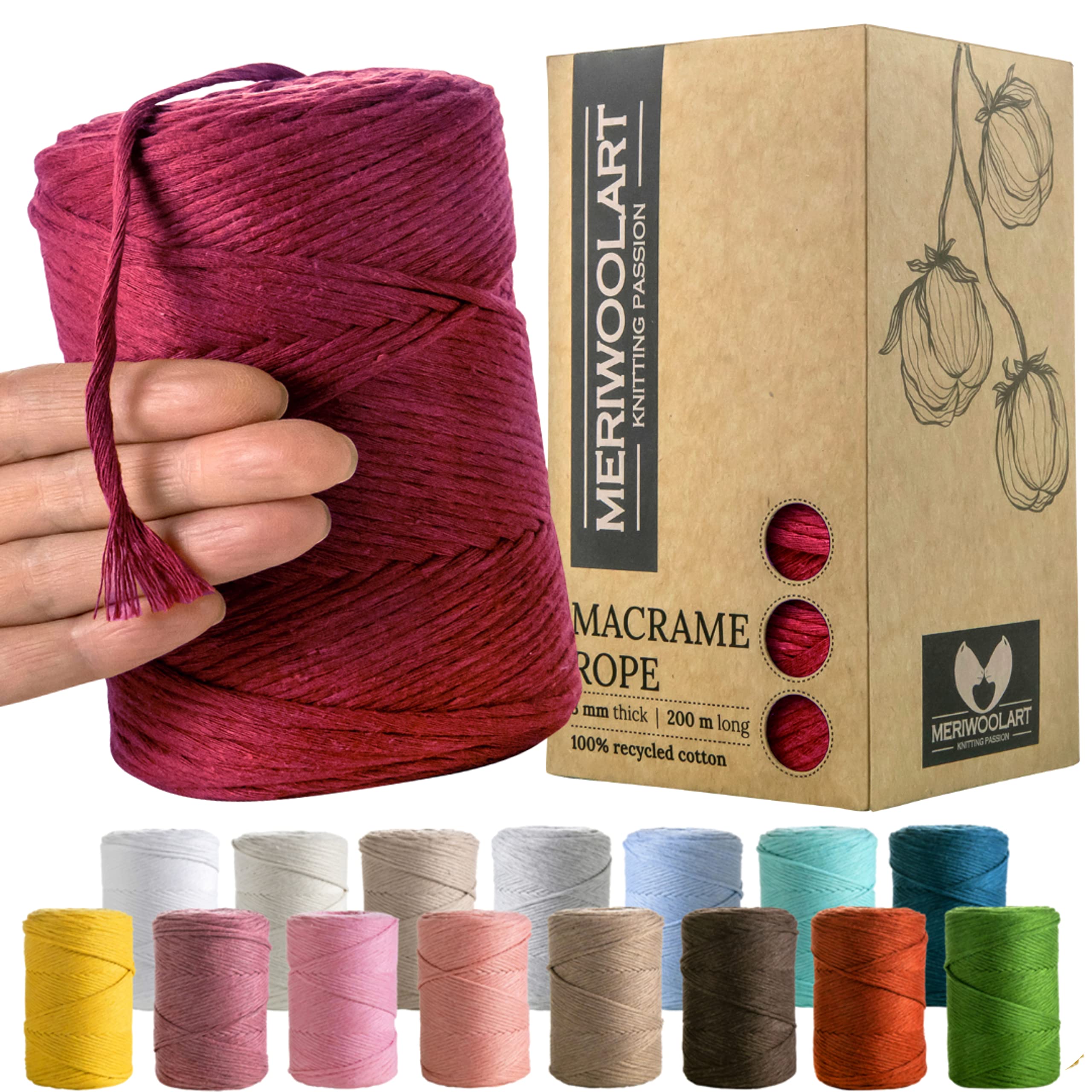 MeriWoolArt Macrame Cord 3mm Red - Macrame Rope 200m - Super Soft, Single Twist Macrame String - Oeko-Tex 100% Recycled Cotton Macrame Cord Coloured- For DIY Macrame Crafts, Boho Home Décor