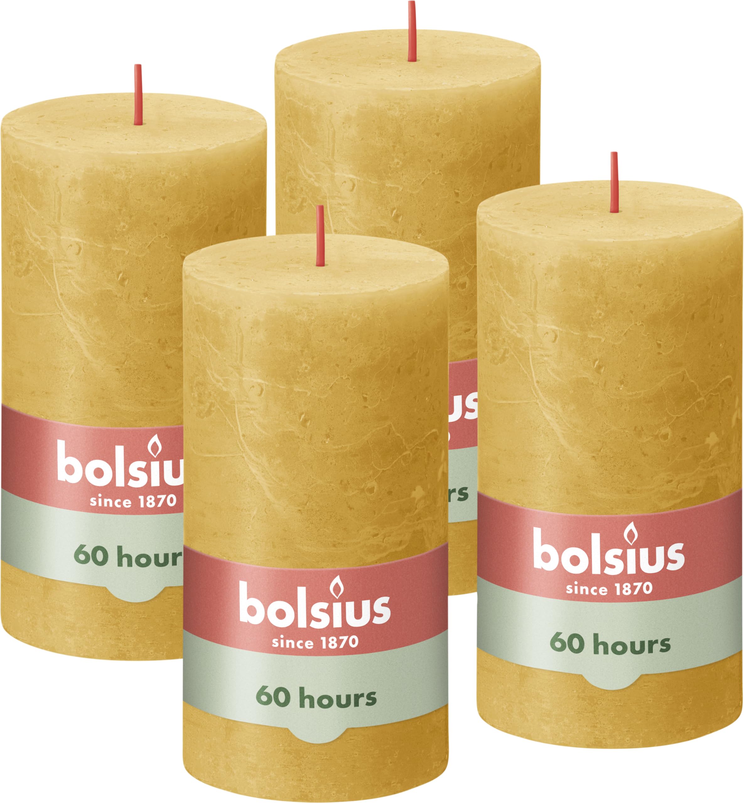 Bolsius Rustic Pillar Candle - Yellow - Pack of 4 - Long Burning Time of 60 Hours - Household Candle - Interior Decoration - Unscented - Includes Natural Vegan Wax - No Palm Oil - 130 x 70 mm