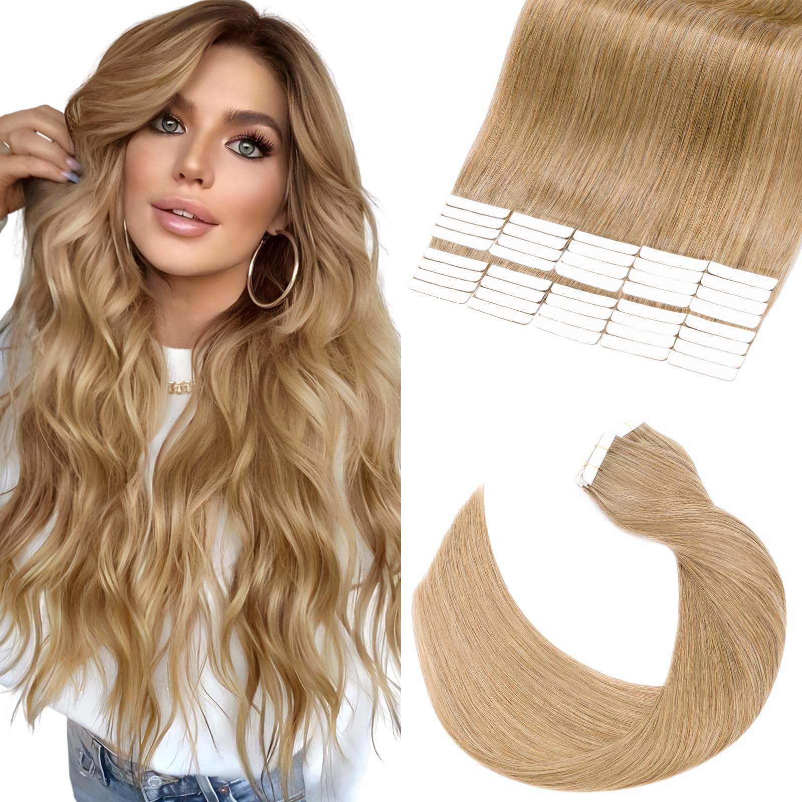 Elailite Tape in Hair Extensions Human Hair 40 pcs - Seamless Skin Weft Real Remy Hair Extension Straight (#27 Dark Blonde, 18 Inch-100g)