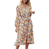 PRETTYGARDEN Women's Floral Boho Dress Fall Long Sleeve Wrap V Neck Ruffle Flowy Maxi Spring Wedding Guest Vacation Dresses