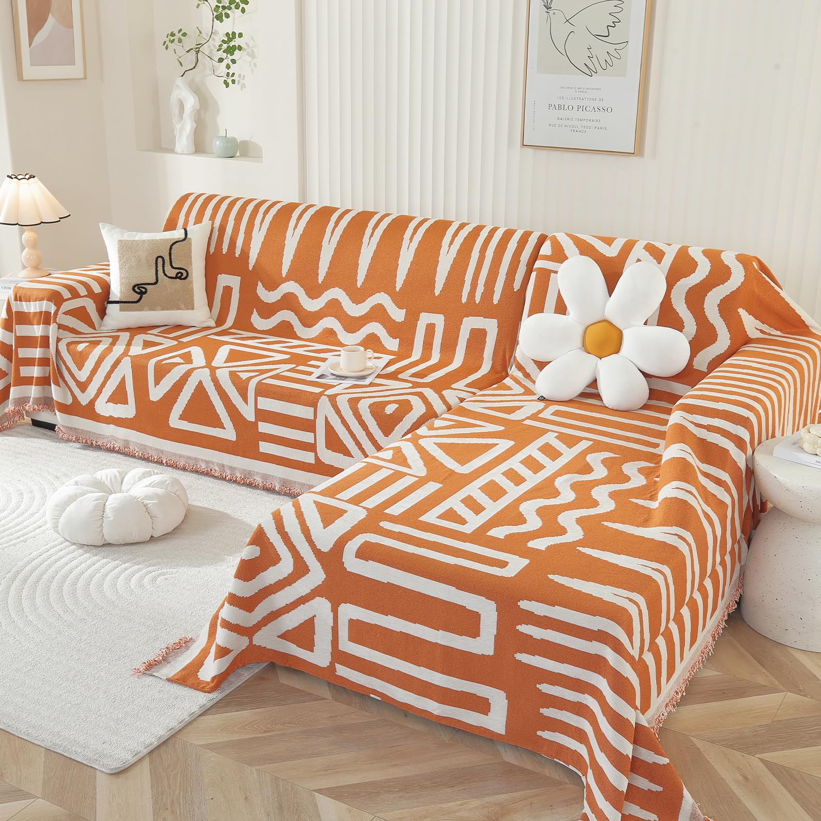 Photo 1 of OstepDecor Boho Sectional Couch Covers 2 Pieces, L Shaped Sofa Cover, Chenille Couch Cover for Dogs Washable, Couch Cover Blanket, Sofa Slipcover for 2-3 Cushion Couch (71"x118"+91"x134", Orange)